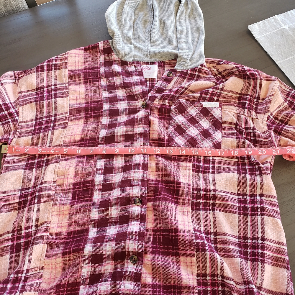 Justice Pink Plaid Hooded Button-Up Shirt - Picture 5 of 12